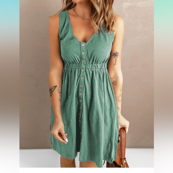 Womens Casual Sleeveless Button Down Elastic Waist Swing Dresses, Maxi XS - Picture 3 of 10